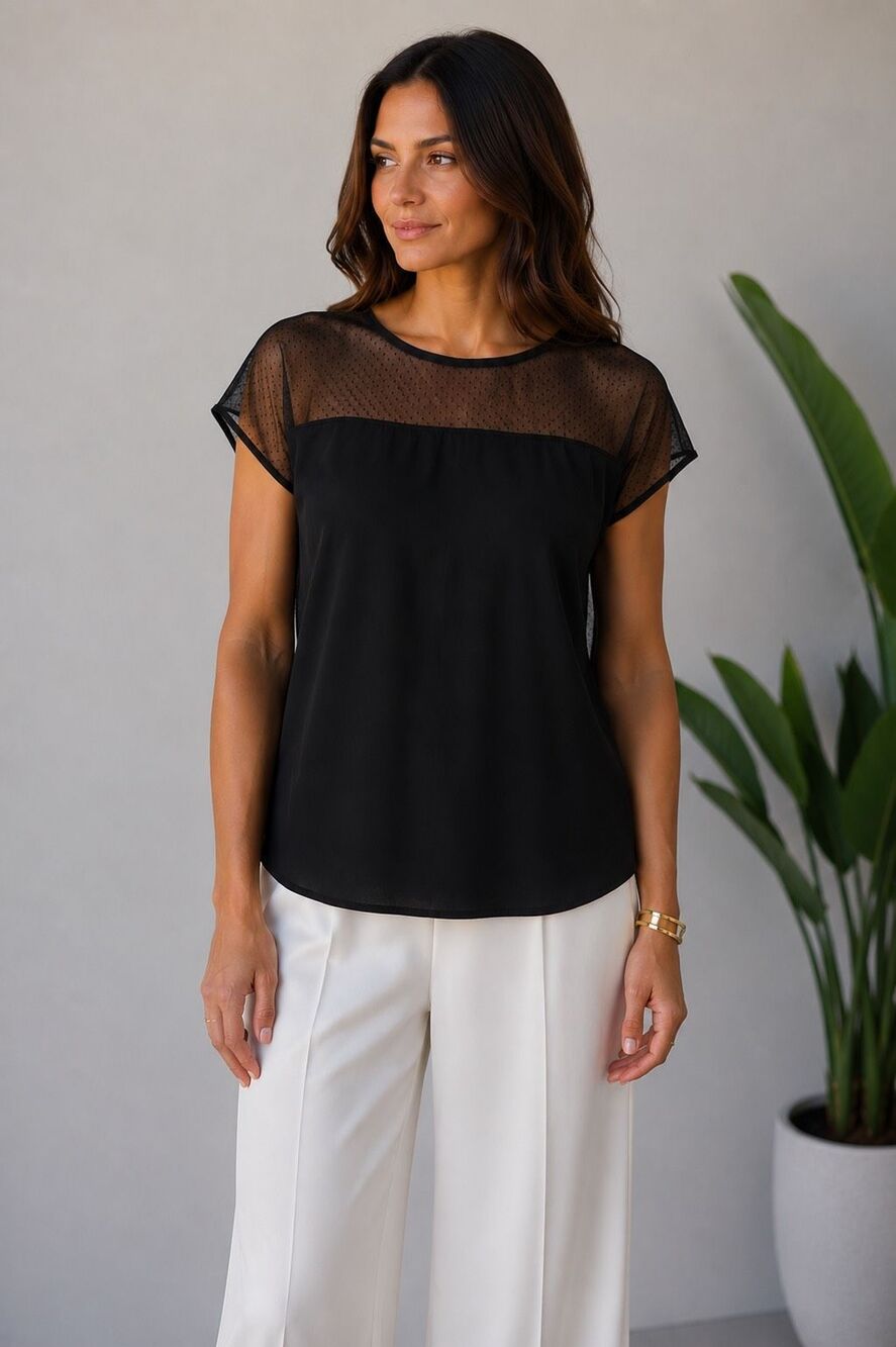 Mango European Collection Sheer Polka Dot Yoke Black Blouse Short Sleeve Size S